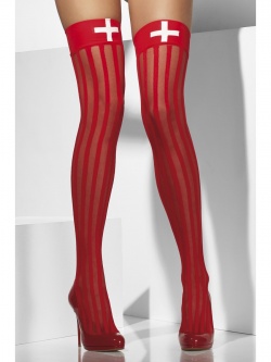 Sheer Hold-Ups, Red, With Vertical Stripes